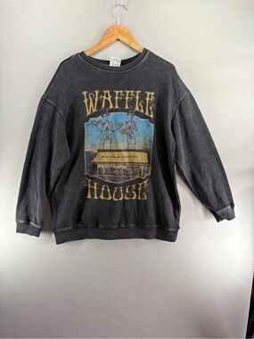 Waffle House Grateful Dead Style Skeleton Sweatshirt Black Graphic Large